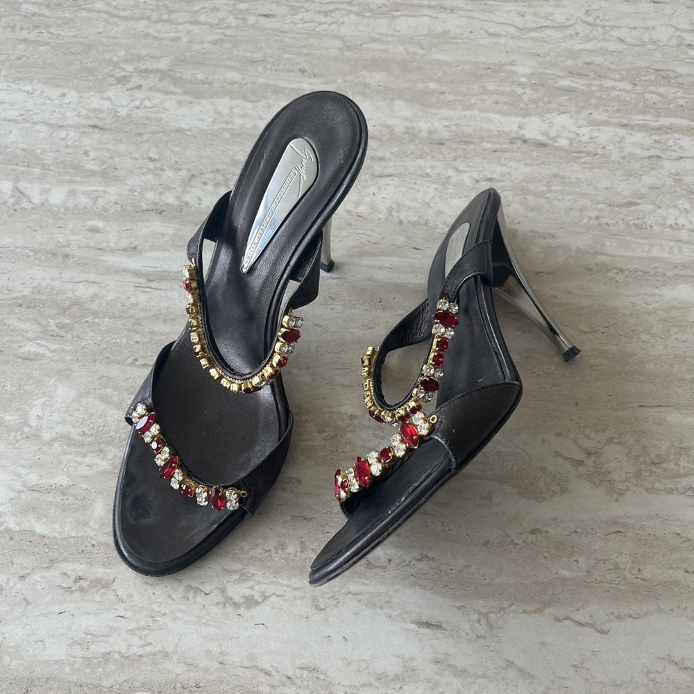 Giuseppe Zanotti Black Stiletto Sandals with Red and Clear Crystal Accents